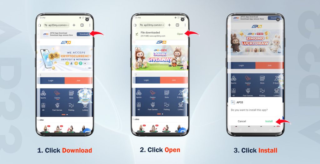AP33 Android APK download step 1 to step 3 banner